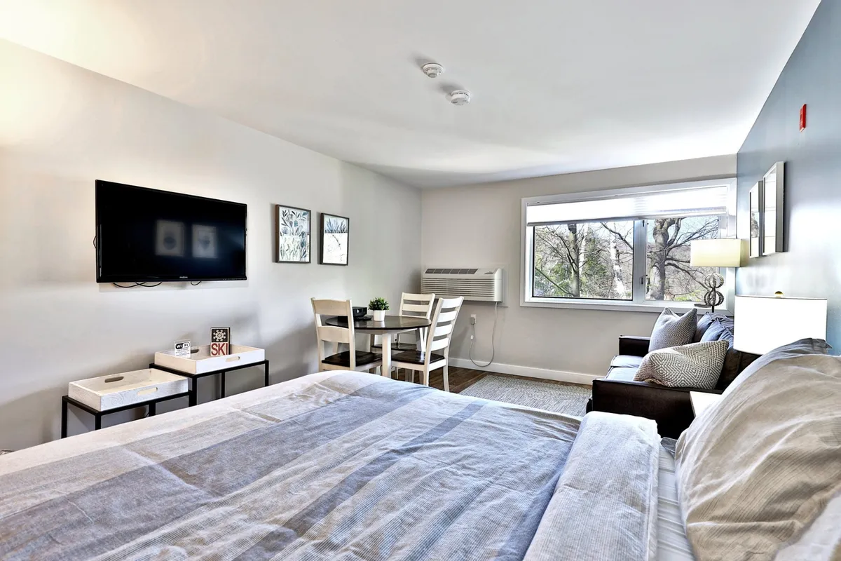 The image presents a wide view of the studio interior, including the queen bed, sofa, television, dining table, and a window letting in natural light. The setup feels both inviting and functional, with hotel-style details and space for relaxation or enjoying a meal.